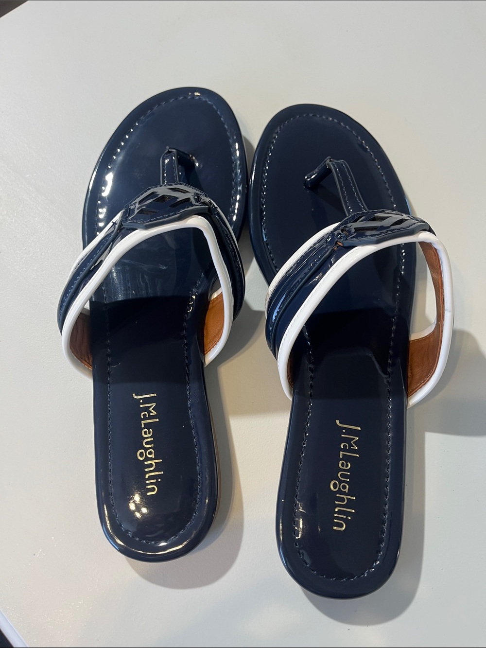 J. McLaughlin Navy Patent Leather Thong Sandals with White Trim - Picture 8 of 13